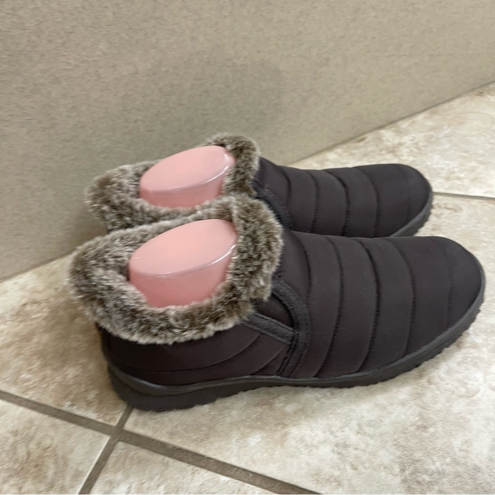 Minnetonka Tulsa Check Faux Fur Slip On Brown Quilted Nylon 69002 Womens Size 10 - Picture 6 of 12